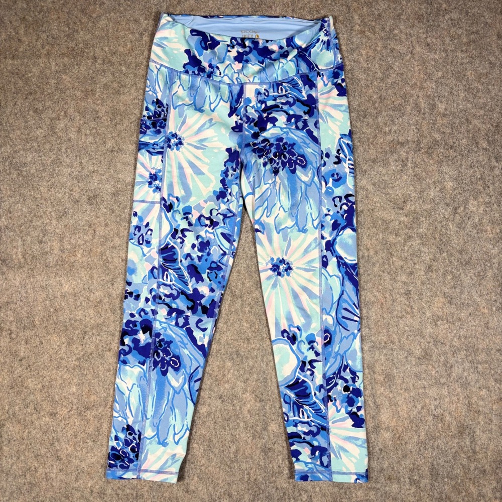 Lilly Pulitzer Luxletic Weekender High Rise Leggings Womens L Blue Floral 002143